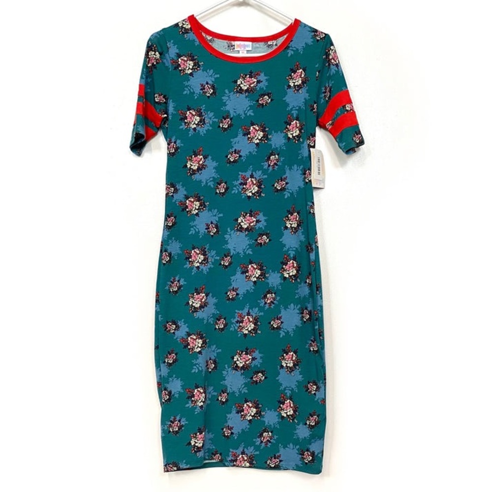 LuLaRoe Womens S Forest Green/Red Ringer Julia Shift Dress Scoop Neck Sleeves